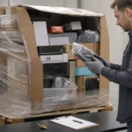 Empreendedor avalia mercadorias sem marca em um palete parcialmente aberto usando uma lista de conferência