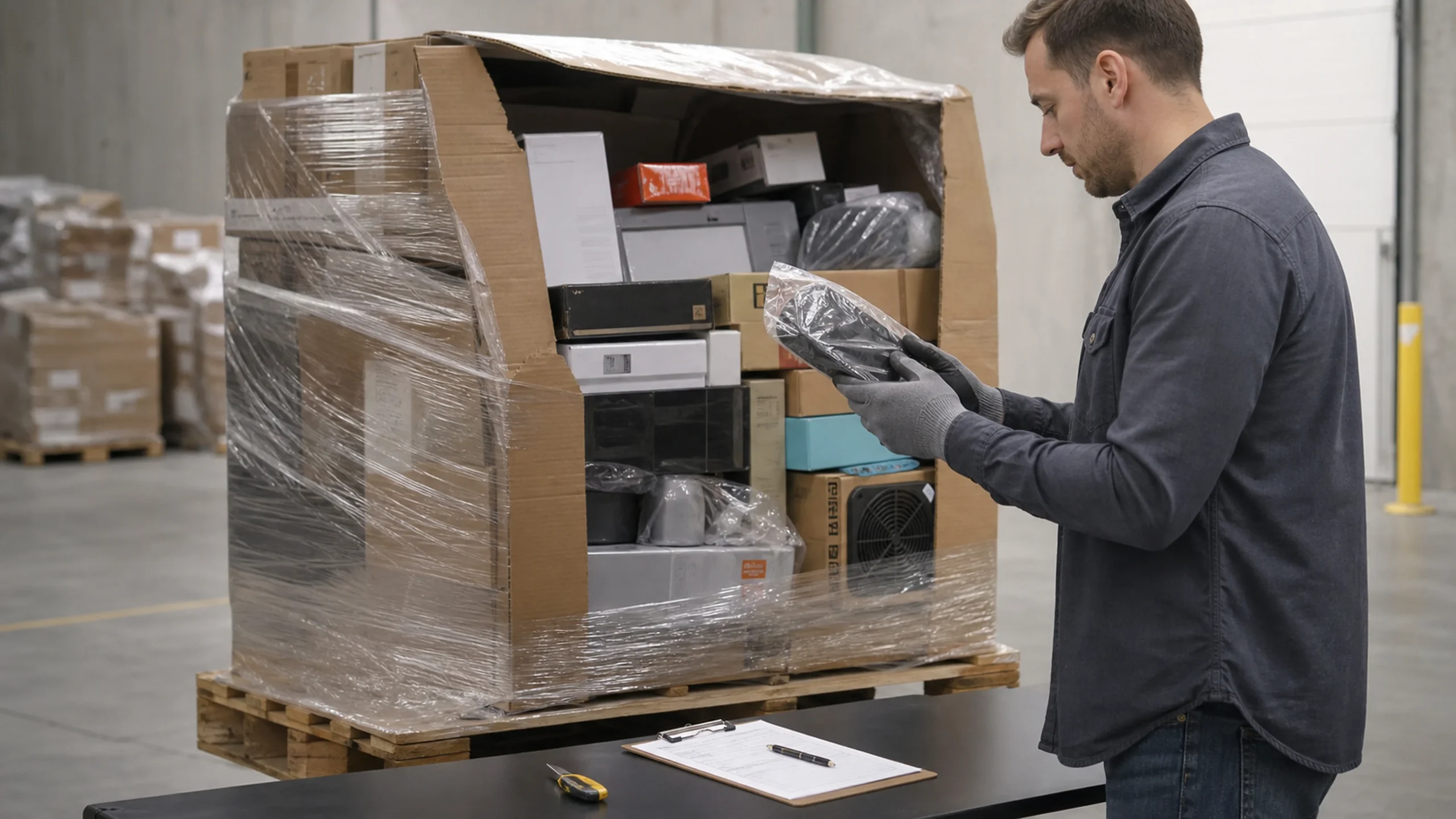 Empreendedor avalia mercadorias sem marca em um palete parcialmente aberto usando uma lista de conferência
