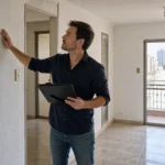 Investidor inspeciona paredes e acabamento de apartamento vazio antes da compra