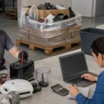 Técnico testa eletrodoméstico enquanto empreendedora calcula custos de um palete de logística reversa