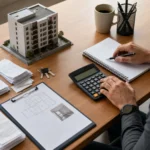 Investidor calcula despesas adicionais de um imóvel com documentos, chaves e calculadora