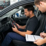 Mecânico usa scanner de diagnóstico enquanto comprador acompanha checklist do carro