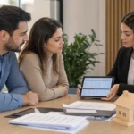 Casal analisa simulação de financiamento de imóvel com especialista
