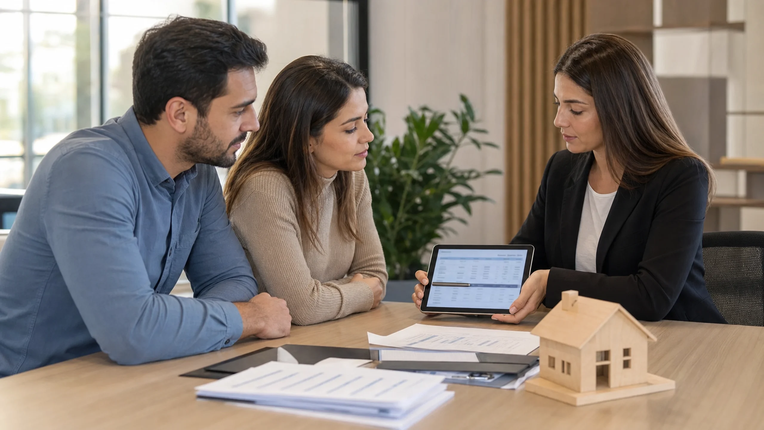 Casal analisa simulação de financiamento de imóvel com especialista