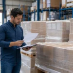 Empreendedor confere manifesto e condições de paletes fechados em armazém de logística reversa