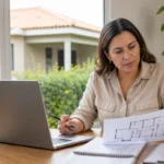 Mulher pesquisa imóvel no computador enquanto confere a planta da propriedade