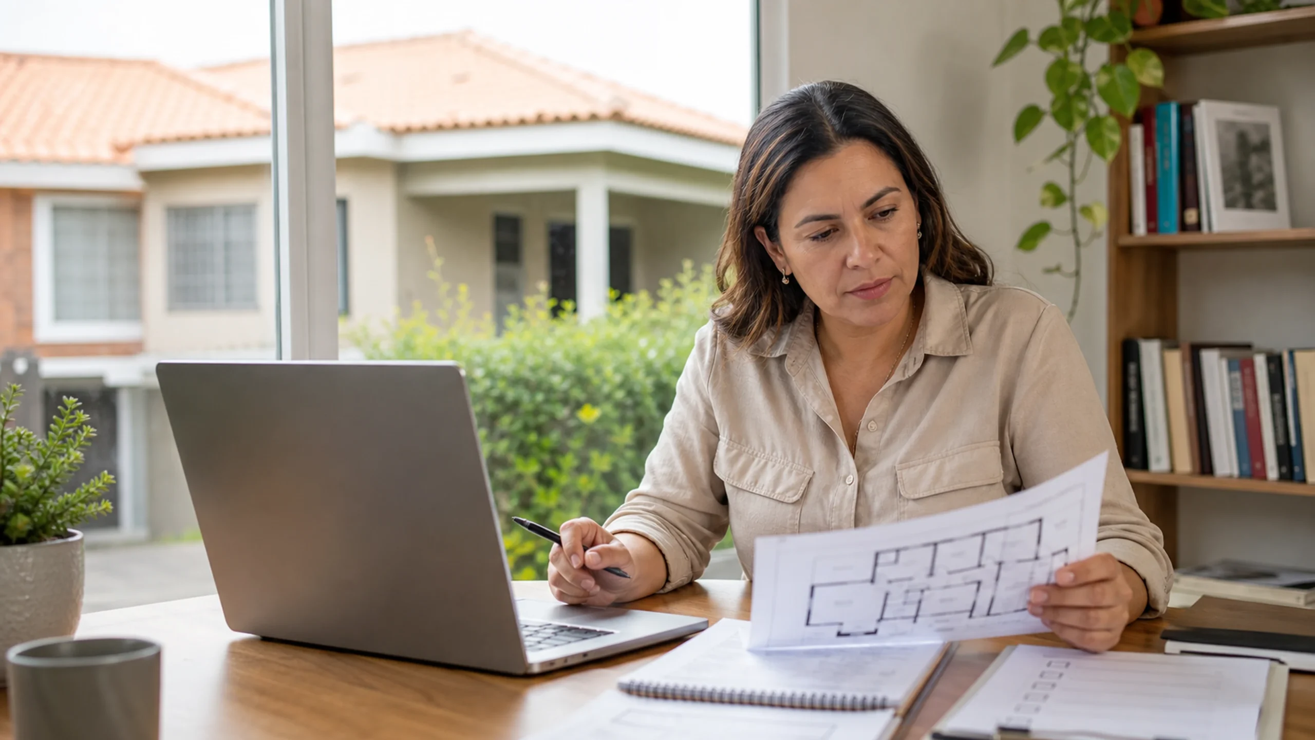 Mulher pesquisa imóvel no computador enquanto confere a planta da propriedade