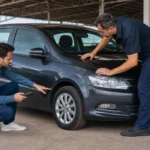 Comprador e mecânico verificam pneus e carroceria de veículo recuperado de financiamento