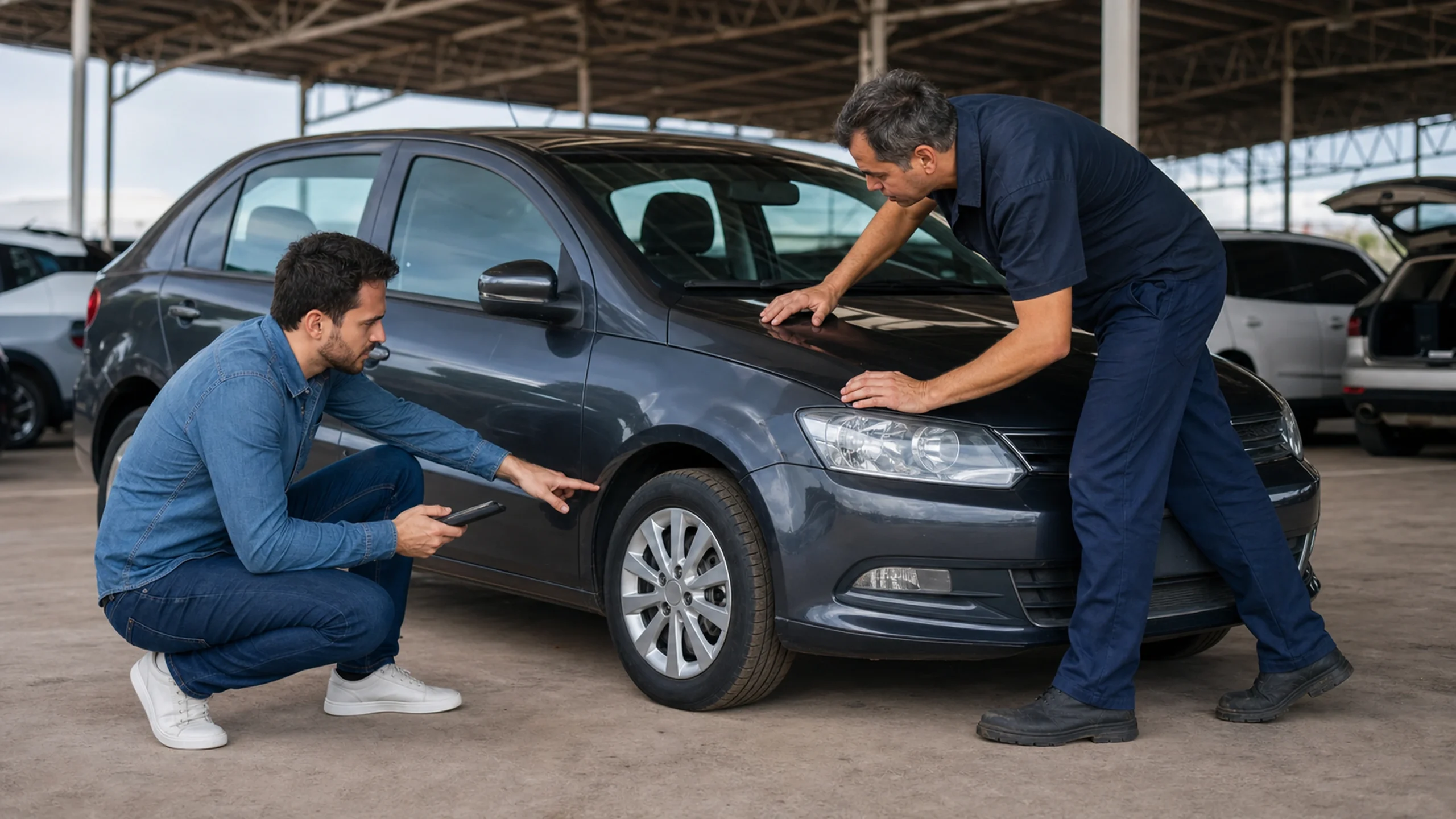 Comprador e mecânico verificam pneus e carroceria de veículo recuperado de financiamento