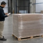 Comprador inspeciona um único palete lacrado e registra informações em um tablet