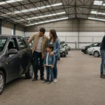 Família avalia carro enquanto outro comprador inspeciona motos em pátio de leilão