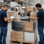 Compradores conferem palete com eletrônicos e eletrodomésticos em armazém