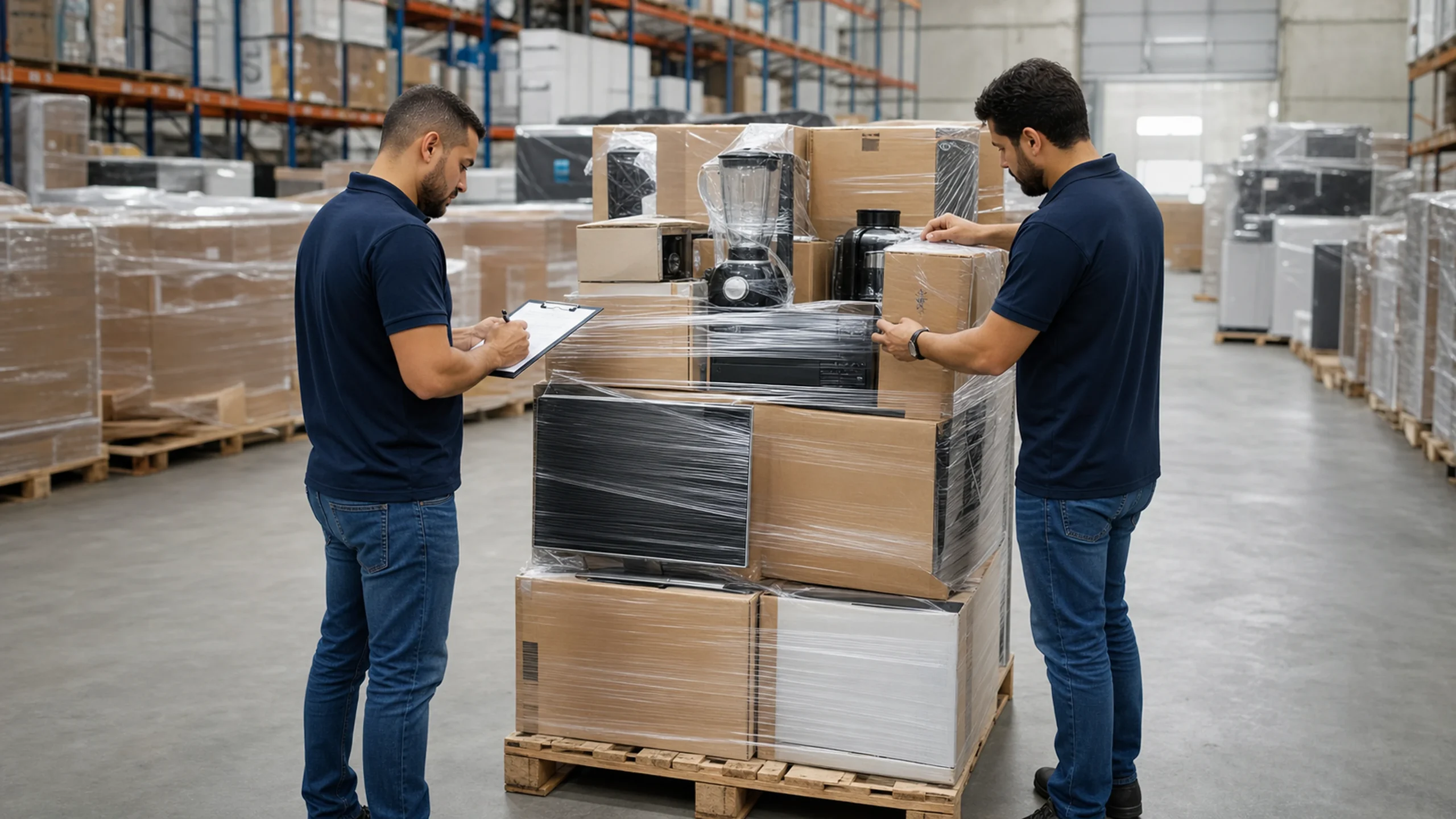 Compradores conferem palete com eletrônicos e eletrodomésticos em armazém