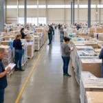 Compradores avaliam diferentes lotes durante visitação de um grande leilão de paletes