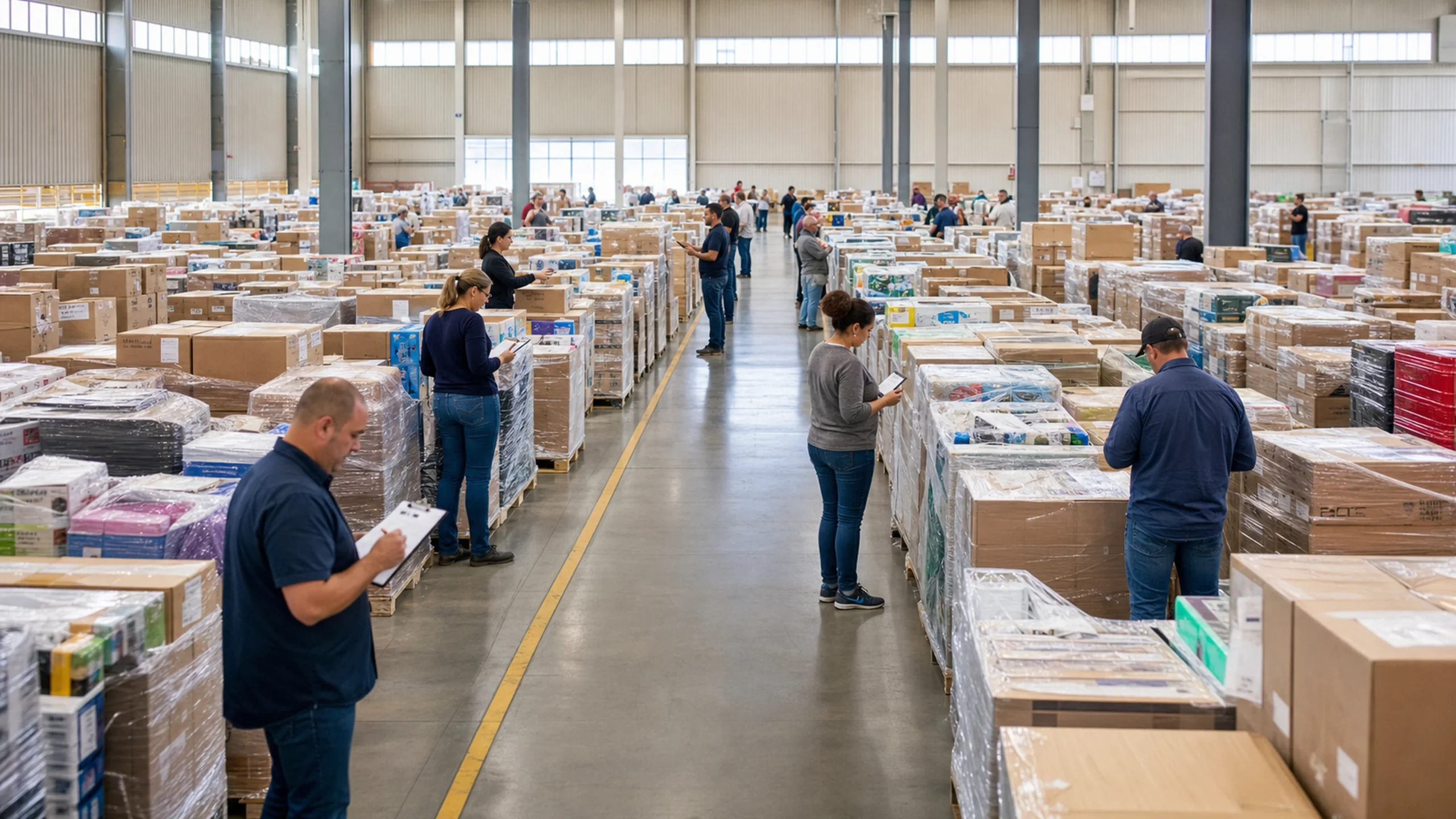 Compradores avaliam diferentes lotes durante visitação de um grande leilão de paletes