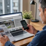 Usuário confirma segurança de site de leilão comparando computador, celular e edital